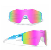 Futuristic shield sunglasses with rainbow mirrored lenses, white and blue frame, oversized fit