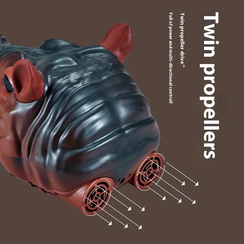 Close-up of toy hippo with twin propellers, brown and black plastic, textured surface.