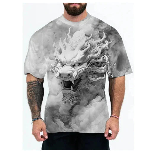 Oversized gray t-shirt with bold dragon graphic, short sleeves, relaxed streetwear fit