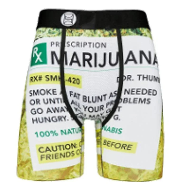 Men's boxer briefs with colorful prescription label print, slim fit, soft fabric.