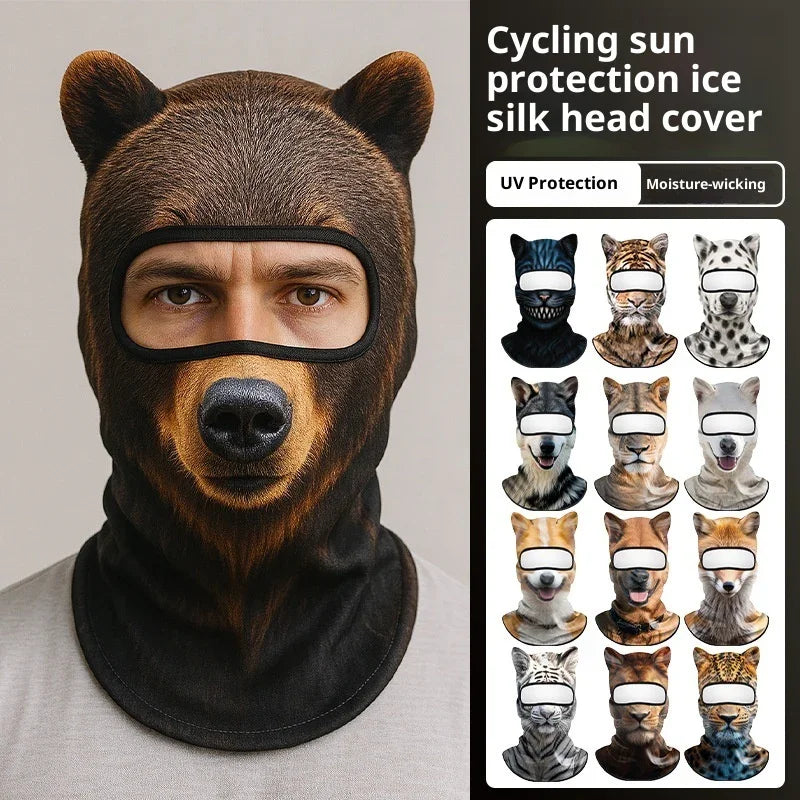 Animal print ice silk balaclava head cover in brown bear design, cycling sun protection.