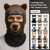 Animal print ice silk balaclava head cover in brown bear design, cycling sun protection.