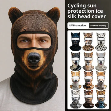 Animal print ice silk balaclava head cover in brown bear design, cycling sun protection.