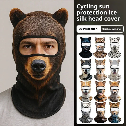 Animal print ice silk balaclava head cover in brown bear design, cycling sun protection.