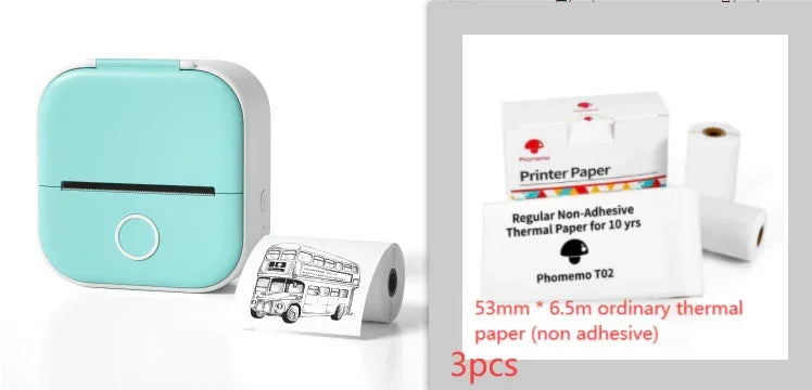 Mini portable thermal printer in teal with non-adhesive 53mm x 6.5m thermal paper rolls