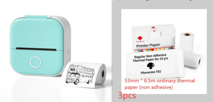 Mini portable thermal printer in teal with non-adhesive 53mm x 6.5m thermal paper rolls