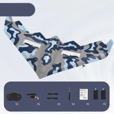 Blue and gray camouflage remote control airplane with accessories including controller, charger, propellers, screwdriver, manual, and batteries.