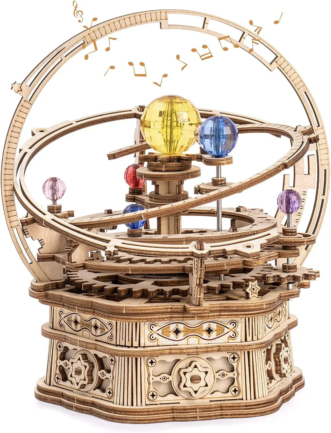 Wooden mechanical orrery model with colorful acrylic planets and intricate gears