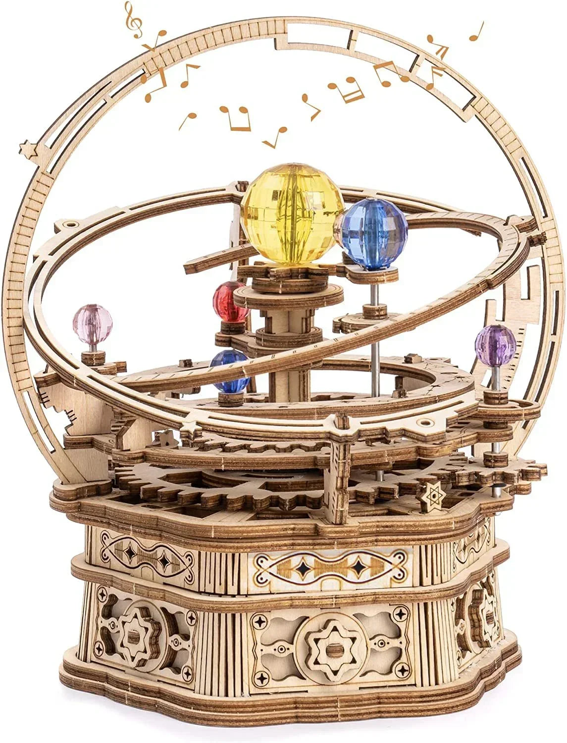Wooden mechanical orrery model with colorful acrylic planets and intricate gears