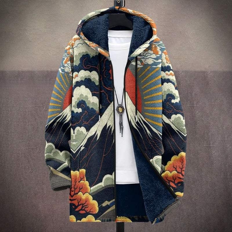 Colorful graphic hooded jacket with mountain and cloud print, fleece lining, relaxed fit