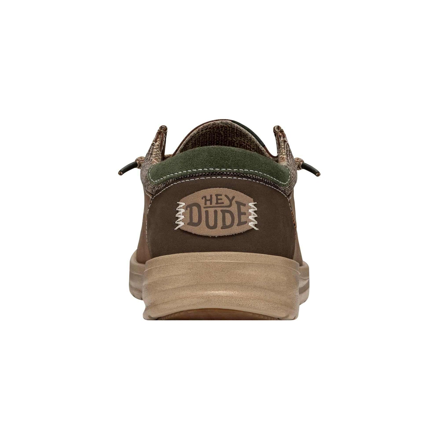 Brown and olive casual shoe with suede material, low-top, wide fit, visible heel stitching.