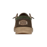 Brown and olive casual shoe with suede material, low-top, wide fit, visible heel stitching.