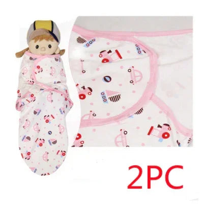 Soft cotton baby swaddle blanket with cute car print, pink trim, and snug fit, 2 pieces