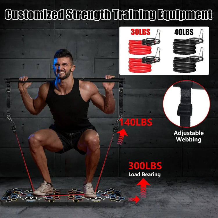 Man wearing black athletic tank top and shorts performing squat with resistance bands and adjustable webbing, showcasing modern workout gear.