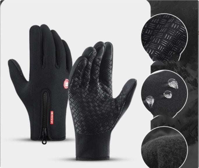 Black winter gloves with zipper, textured palm grip, fleece lining, and touchscreen fingertips.