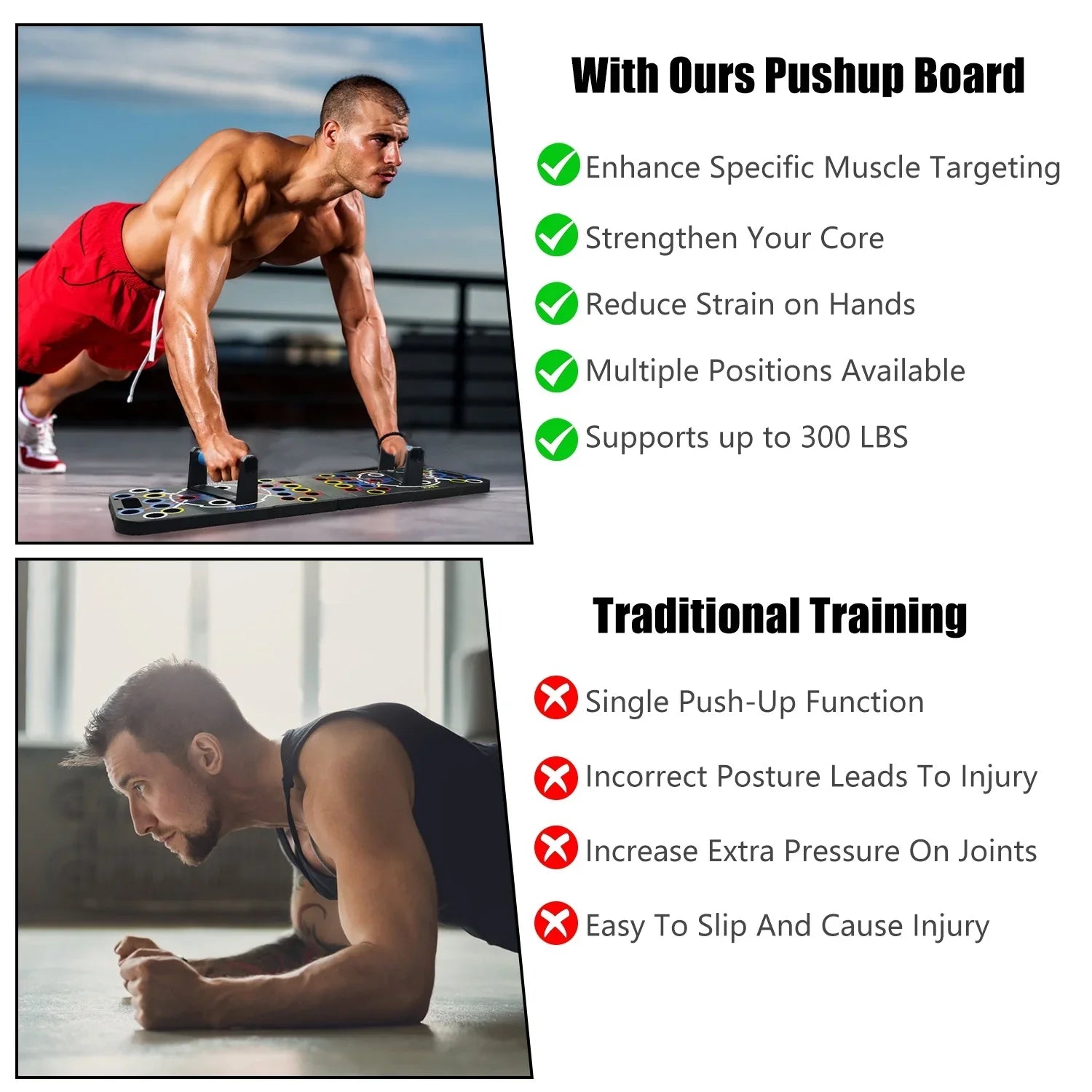 Man wearing red shorts using a pushup board versus man in black tank top doing traditional pushups, showcasing workout clothing styles.