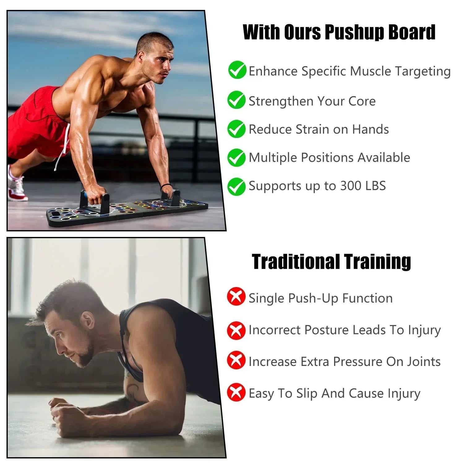 Man wearing red shorts using a pushup board versus man in black tank top doing traditional pushups, showcasing workout clothing styles.