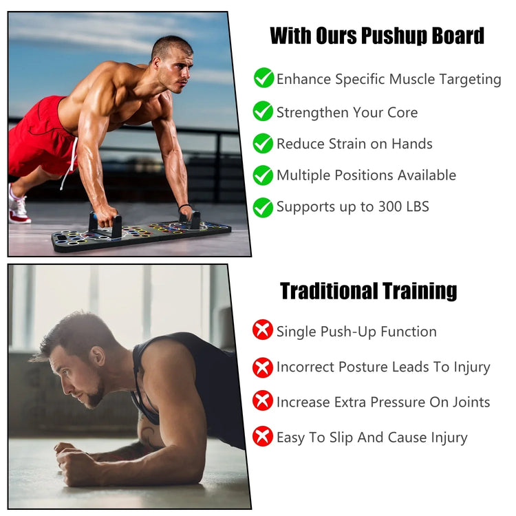 Man wearing red shorts using a pushup board versus man in black tank top doing traditional pushups, showcasing workout clothing styles.