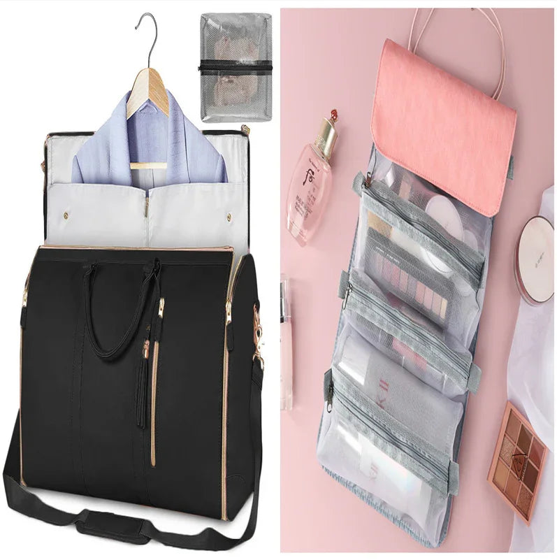 Travel clothing bag with light blue button-up shirt and pink hanging toiletry organizer with makeup compartments