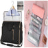 Travel clothing bag with light blue button-up shirt and pink hanging toiletry organizer with makeup compartments