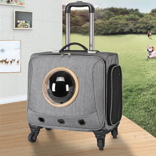 Gray pet carrier suitcase with mesh ventilation, hard shell window, and rolling wheels