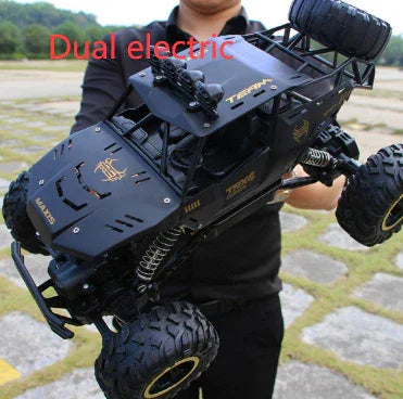 Person holding a large black off-road RC car with rugged tires and metallic details outdoors.