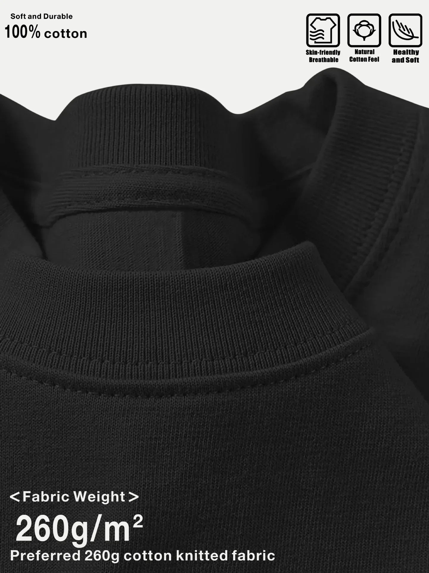Close-up of black 100% cotton crewneck shirt, thick 260g/m² soft knitted fabric.