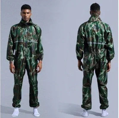 Man wearing a loose-fit, green camo jumpsuit made of lightweight material, front and back view