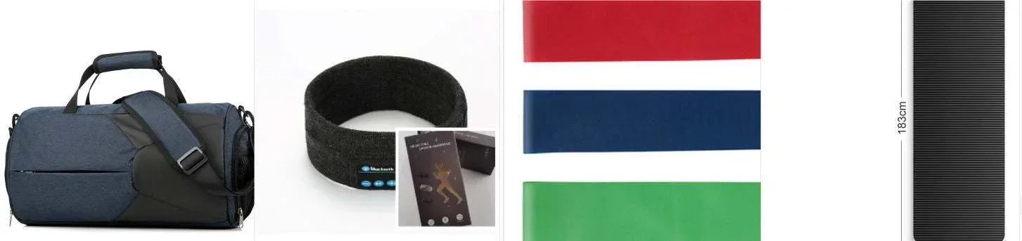 Dark grey duffel bag, black fabric headband, colorful elastic resistance bands, and black yoga mat.