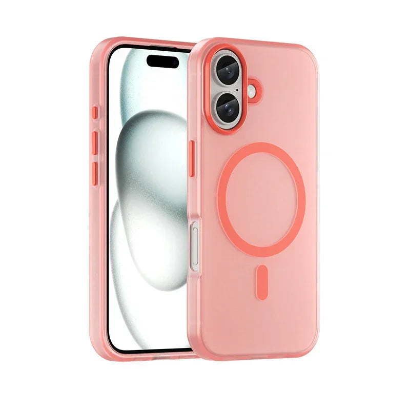 Pink silicone iPhone case with MagSafe ring, slim protective fit, modern tech design
