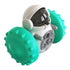 Futuristic white and teal toy robot with spiked rubber wheels and a dark visor helmet