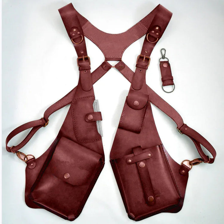Brown leather harness vest with multiple utility pockets and adjustable straps, streetwear style
