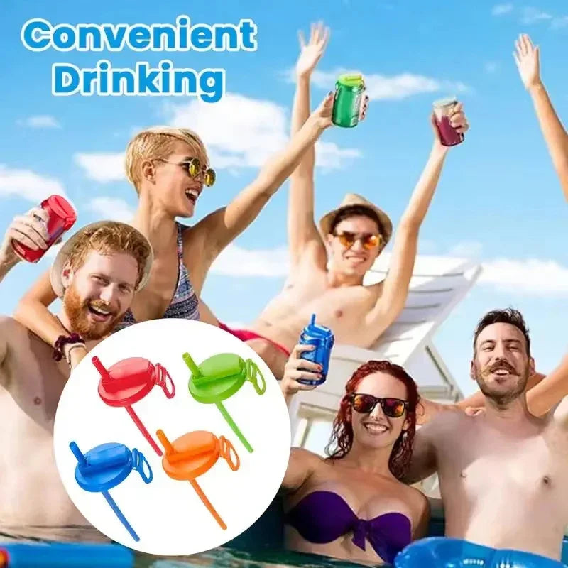 Group of adults in swimsuits at pool holding colorful drink containers with straw lids.