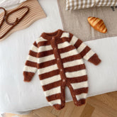 Brown and white striped fuzzy baby romper with button front, cozy and soft material