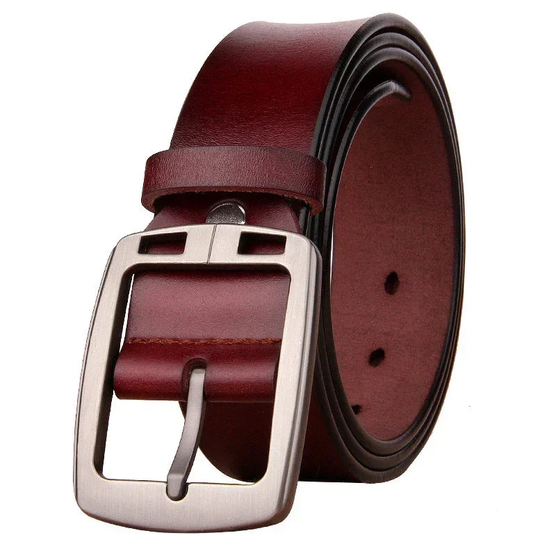 Men's brown leather belt with silver buckle, classic style, smooth finish