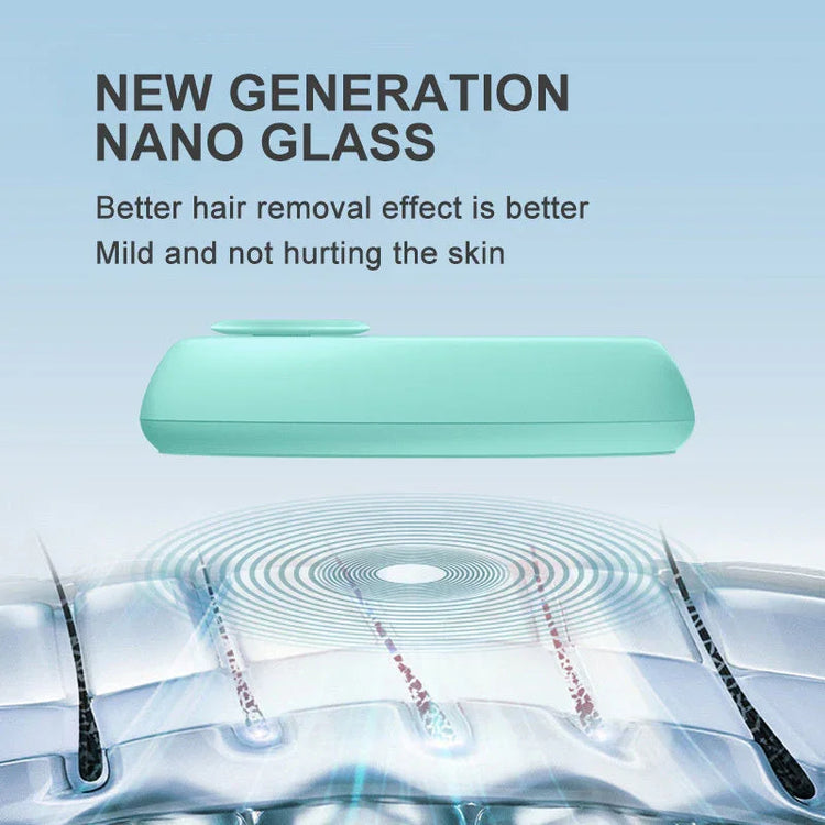 Mint green nano glass hair removal tool with smooth curved design, shown for gentle skin care