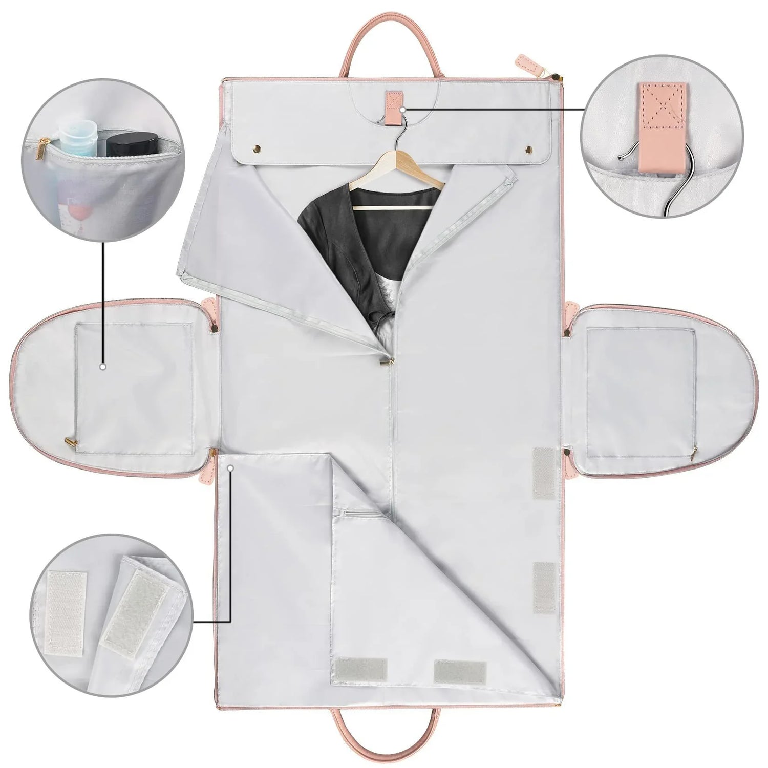 Light gray garment bag with pink trim, multiple zip pockets, and secure Velcro closures