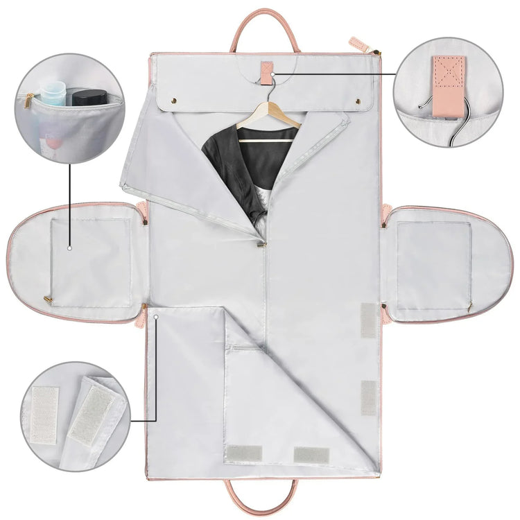 Light gray garment bag with pink trim, multiple zip pockets, and secure Velcro closures