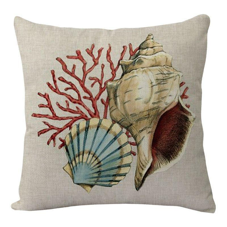 Beige linen pillow with seashell and coral print, ocean-themed decorative cushion cover