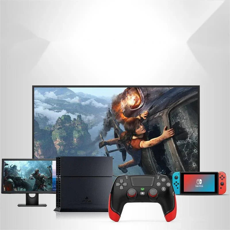 Black and red wireless gaming controller displayed with consoles and monitors in the background