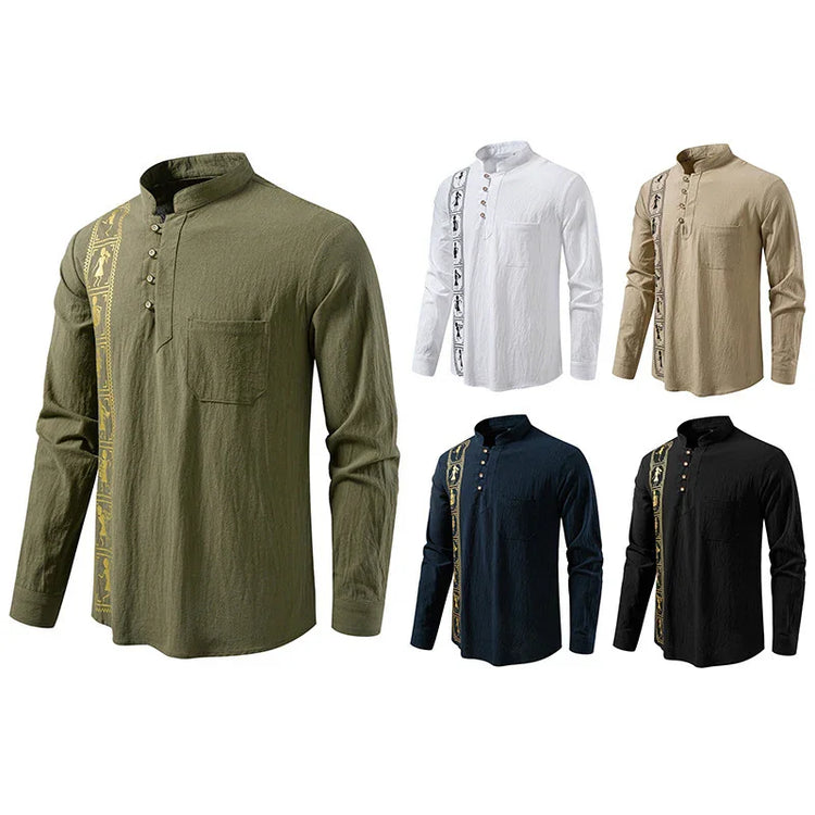 Men’s long sleeve mandarin collar shirts in five colors, cotton blend, slim fit, tribal accent stripe, casual streetwear style.