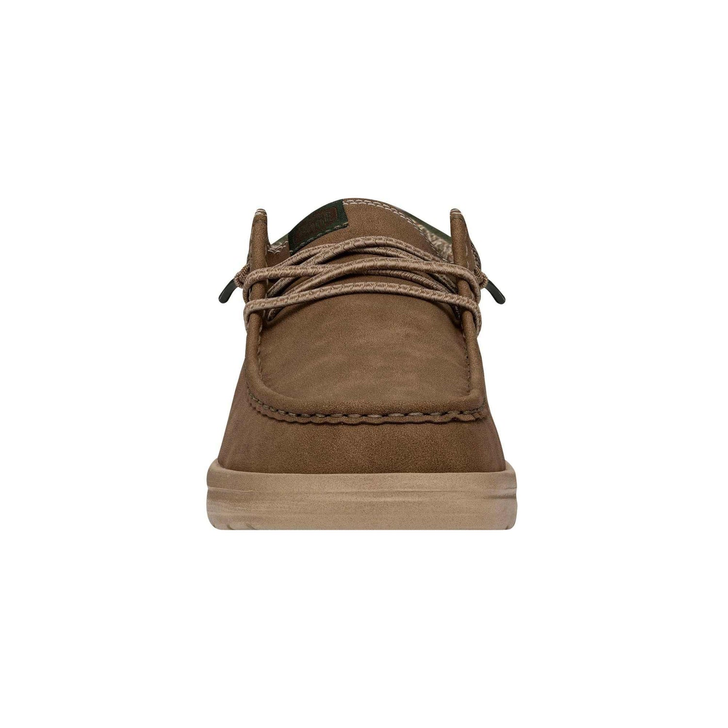 Brown suede lace-up casual shoe with stitched detailing and round toe, front view
