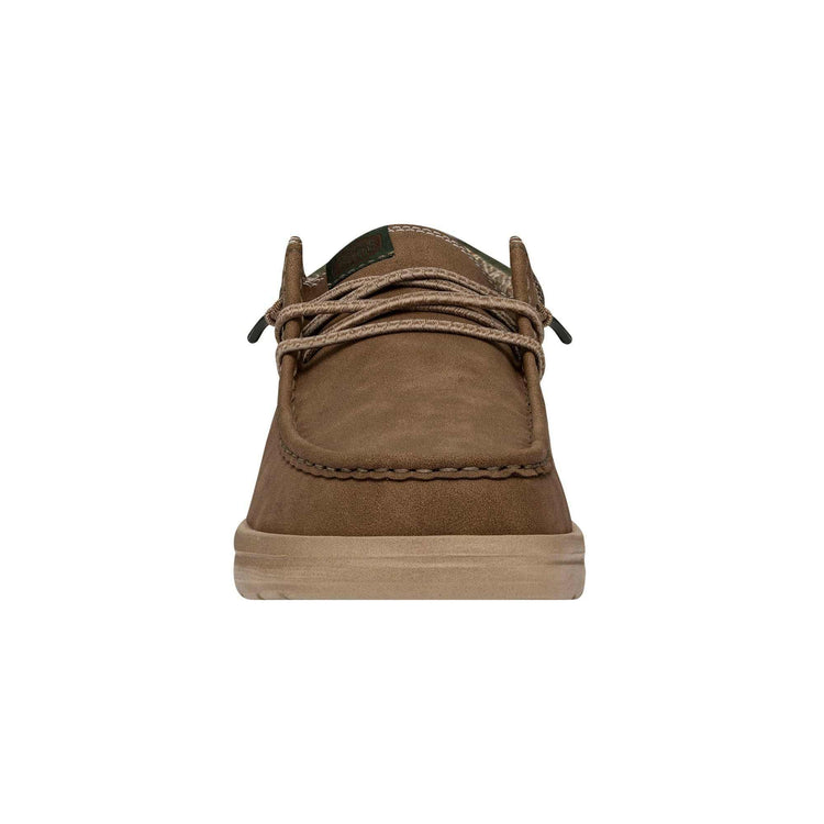 Brown suede lace-up casual shoe with stitched detailing and round toe, front view