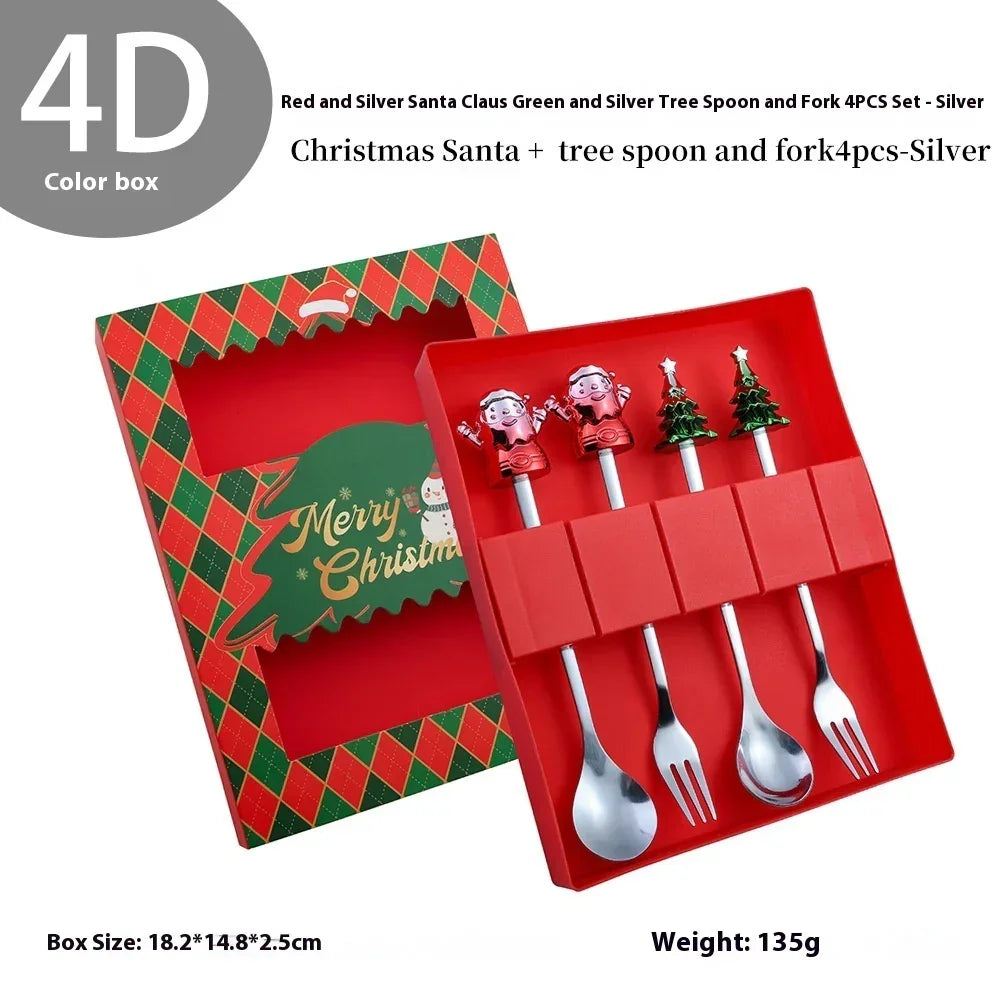 Festive silver cutlery set with Santa and Christmas tree handles in red gift box.