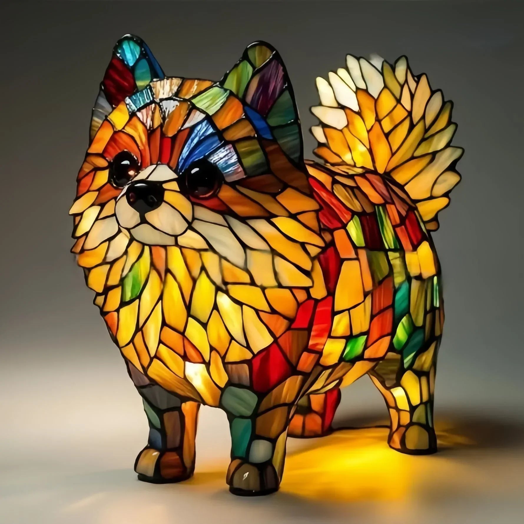 Colorful stained glass dog-shaped lamp with mosaic design, illuminated and vibrant