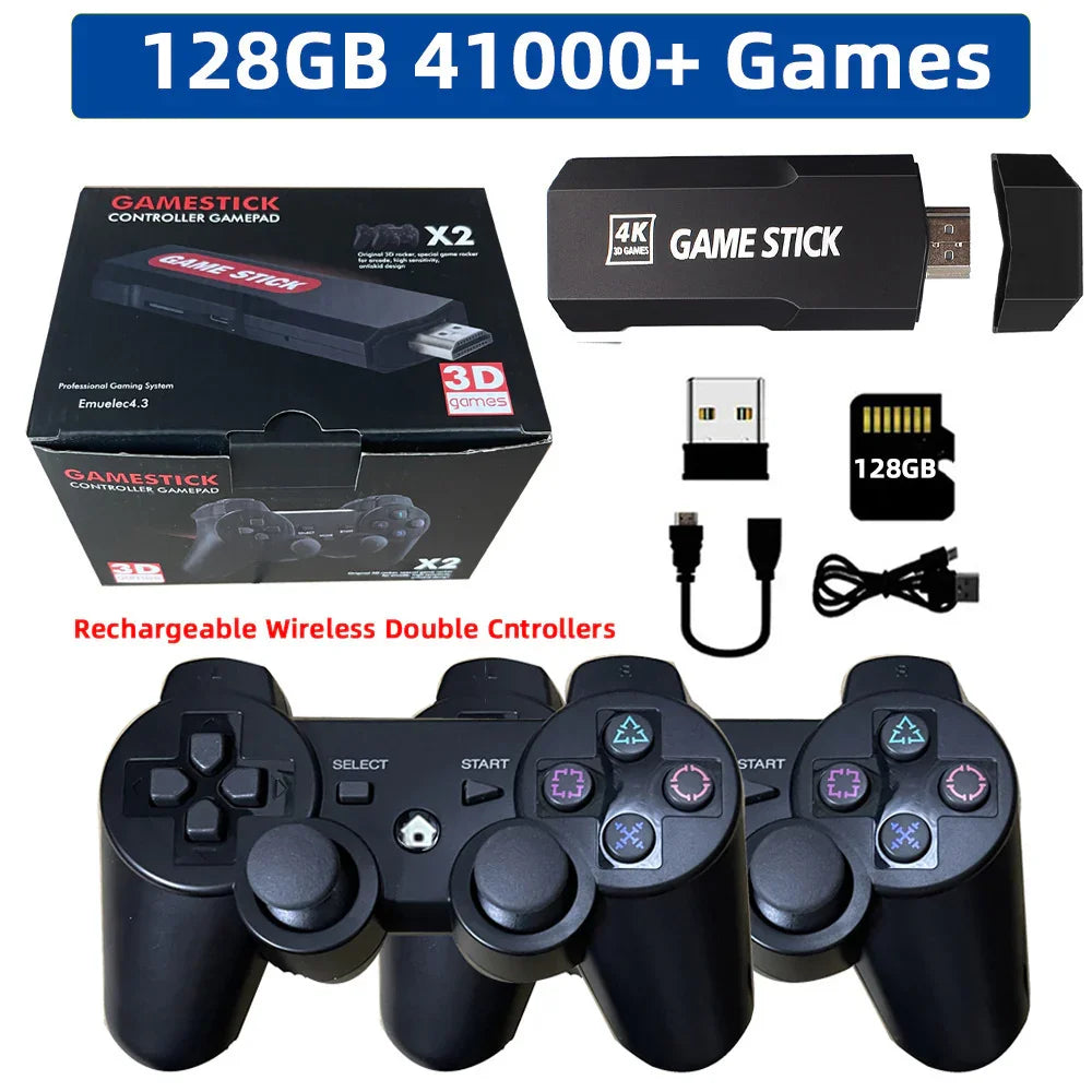 Wireless black game controllers, 4K game stick, 128GB card, USB dongle, gaming accessories
