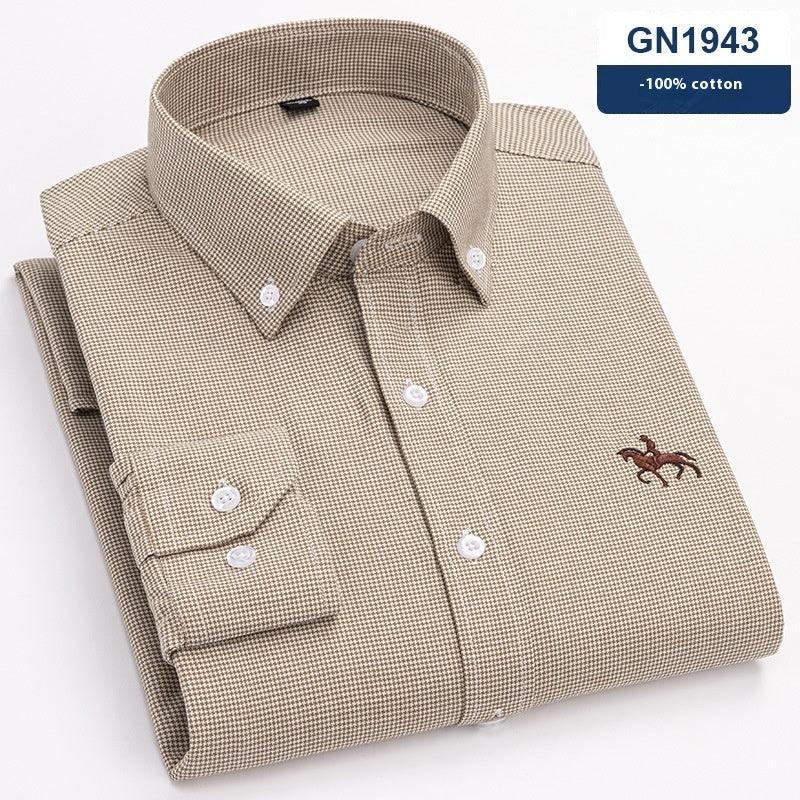 Men's beige micro-check cotton dress shirt, embroidered horse logo, classic fit, button-down collar