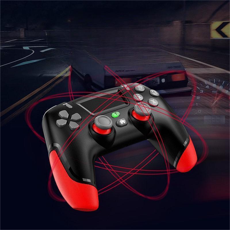 Black and red wireless gaming controller with textured grips, dynamic motion lines, racing game background