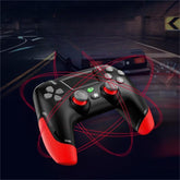Black and red wireless gaming controller with textured grips, dynamic motion lines, racing game background