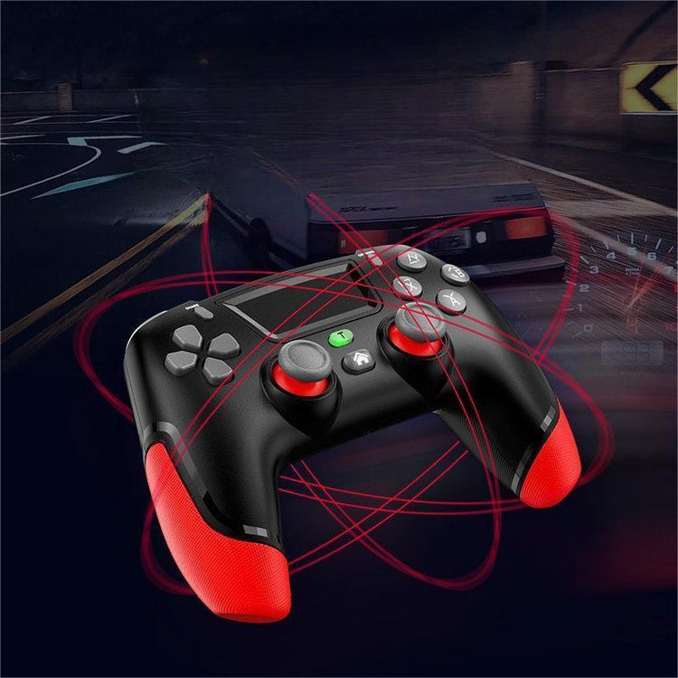 Black and red wireless gaming controller with textured grips, dynamic motion lines, racing game background